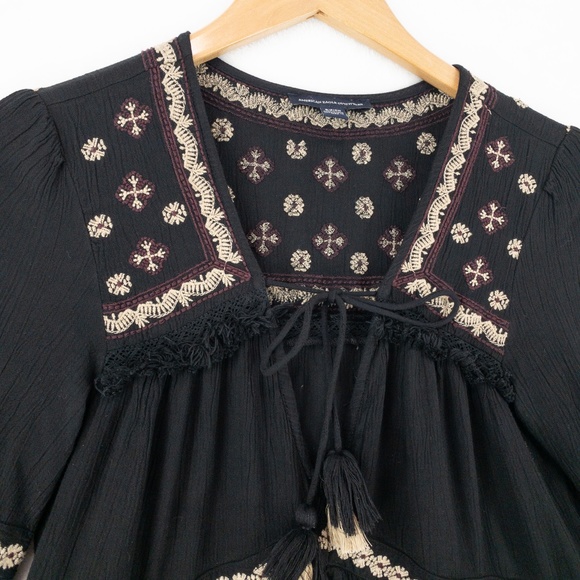 American Eagle Outfitters Dress Womens Small Black Boho Gauzy Fringe Embroidered - Picture 2 of 13